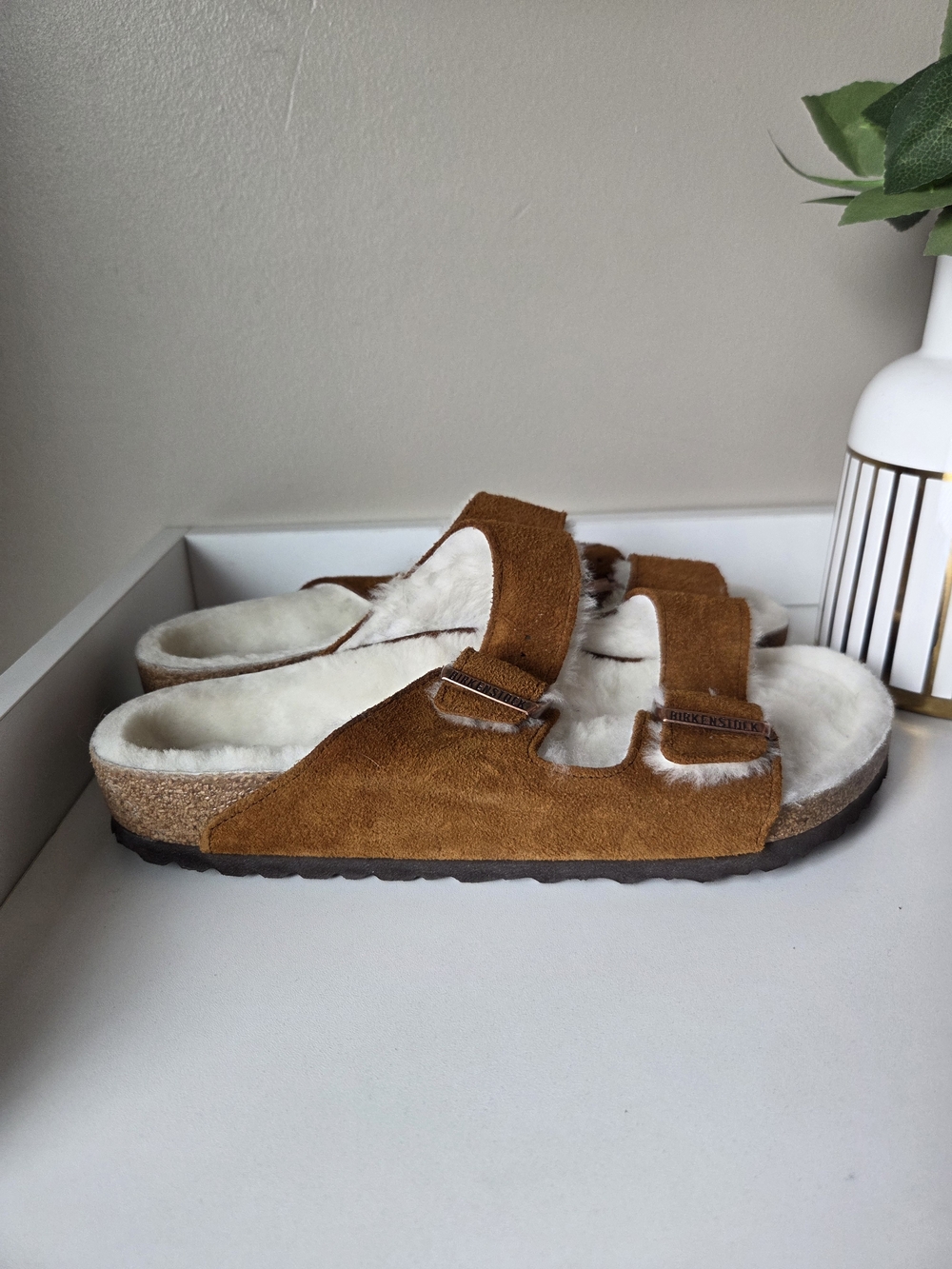 Birkenstock Shearling-Lined Suede Double Strap Slides in Brown Sz 41/10